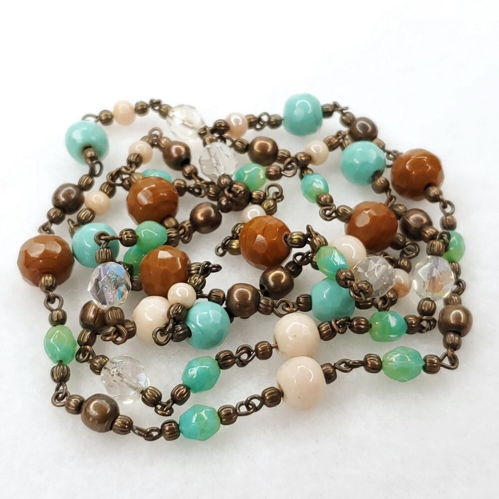 Vintage Beaded Necklace Glass Stone Brown Green Long Boho Southwestern 38" - Picture 3 of 7